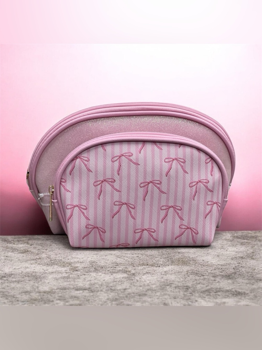 Pink Bow Print Cosmetic Pouch Set NEW